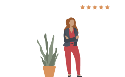 An illustration of a woman who gives a 5 star review to a data science recruiting company.