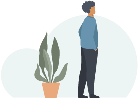 An illustration of a data science recruiter standing near a plant.