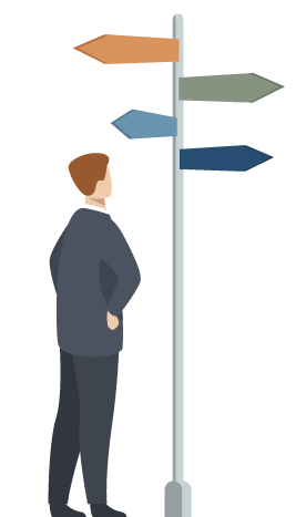 Illustration of a data analyst recruiter looking at a sign representing core values.