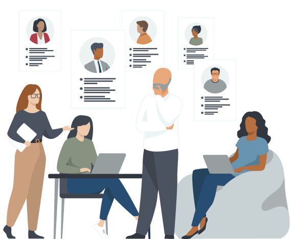 Illustration of the recruiting team at a data analyst recruitment agency discussing job candidates. 