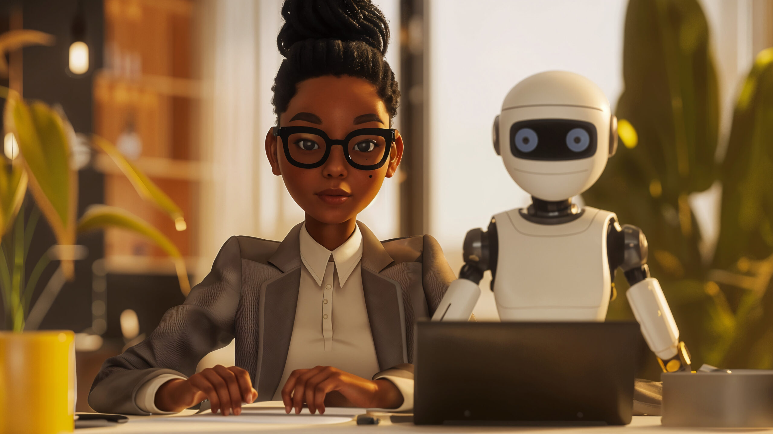 AI-generated 3D cartoon of a woman and a robot sitting at a desk for an interview.