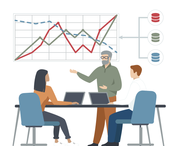 An illustration of a data analytics consultant meeting with two project team members.