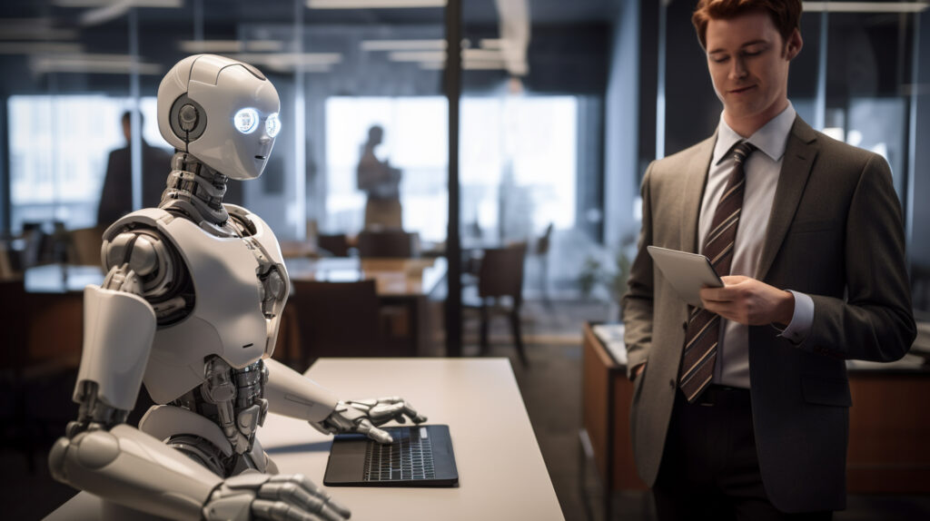 An modern office with a robot and a man working. The picture represents the concept of AI readiness.
